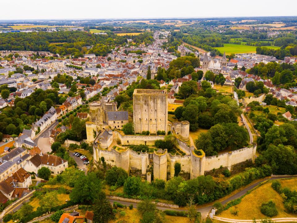 An aerial view of the commune of Loches, France, and its royal castle.