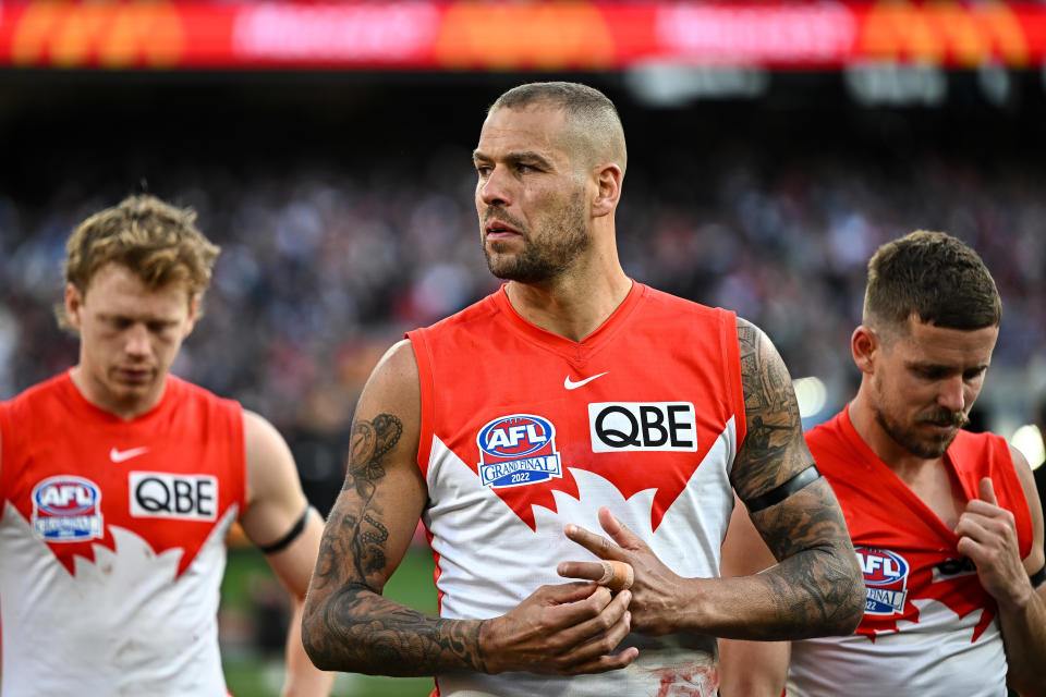 Lance Franklin, pictured here after Sydney's loss to Geelong in the AFL grand final.