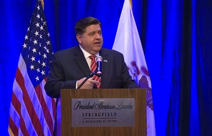 Gov. JB Pritzker speaks at a lobby day for the Illinois Manufacturers' Association and Illinois Retail Merchants Association Wednesday in Springfield.