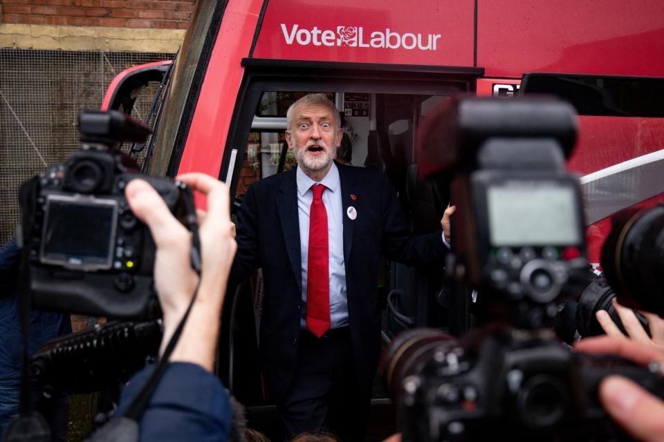 Jeremy Corbyn unveils the Labour battle bus on the general election campaign trail in Liverpool, 7 November: PA