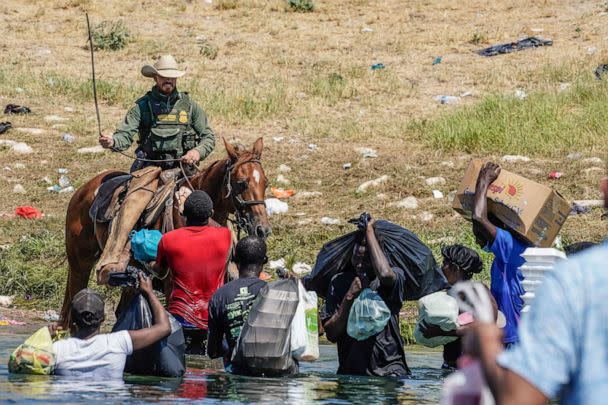 PHOTO: A United States Border Patrol agent on horseback tries to stop Haitian migrants from entering an encampment on the banks of the Rio Grande near the Acuna Del Rio International Bridge in Del Rio, Texas, Sept. 19, 2021. (Paul Ratje/AFP via Getty Images, FILE)