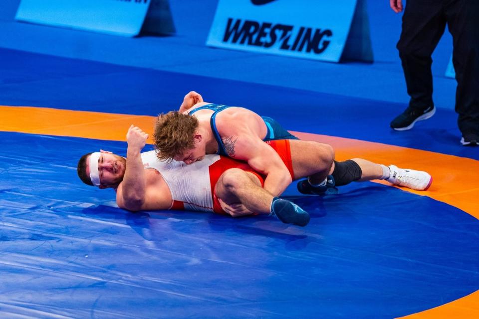Teays Valley graduate Camden McDanel is in control against Poland's Taron Shahinyan during a U20 World Freestyle Championships match Monday in Amman, Jordan. McDanel won by technical fall (12-2) on his way to a bronze medal at 97 kilograms (approximately 214 pounds).