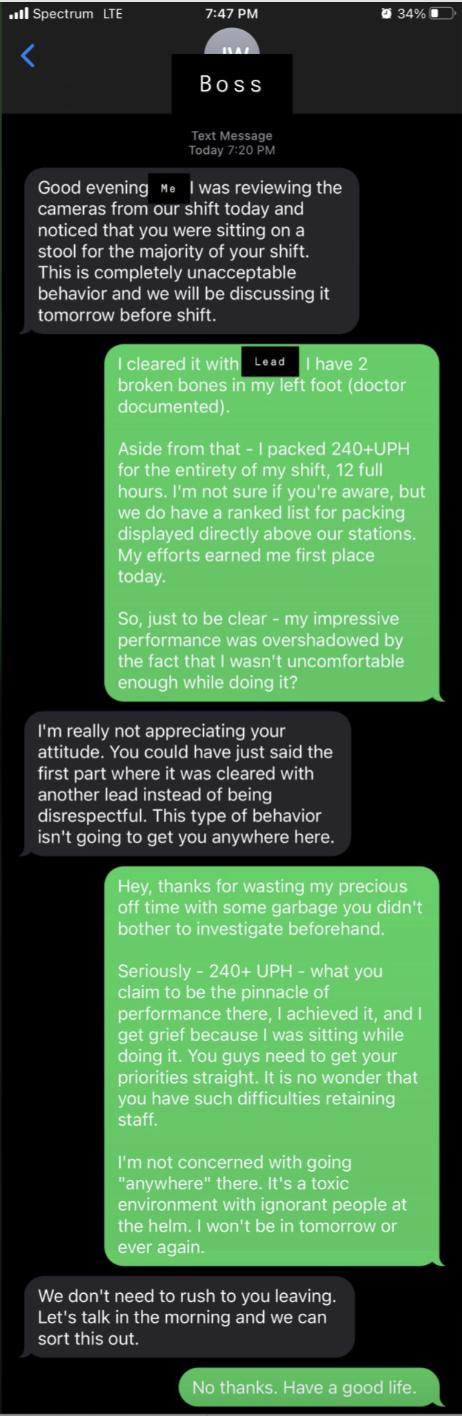 A text conversation where Boss reprimands an employee for wearing unsafe footwear. The employee explains medical reasons and describes feeling unsupported. Boss suggests resignation