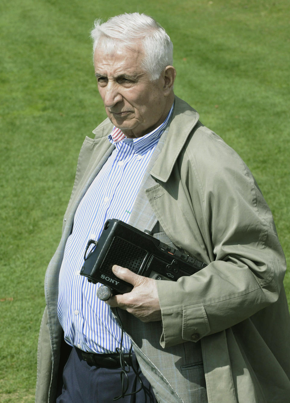 File-In this May 1, 2009, file photo Minneapolis Star Tribune columnist Sid Hartman is shown at the Minnesota Vikings football rookie minicamp in Eden Prairie, Minn. The Minnesota sports columnist and radio personality, Hartman, an old-school home team booster who once ran the NBA’s Minneapolis Lakers and achieved nearly as much celebrity as some of the athletes he covered, died Sunday, Oct. 18, 2020. He was 100. (AP Photo/Jim Mone, File)