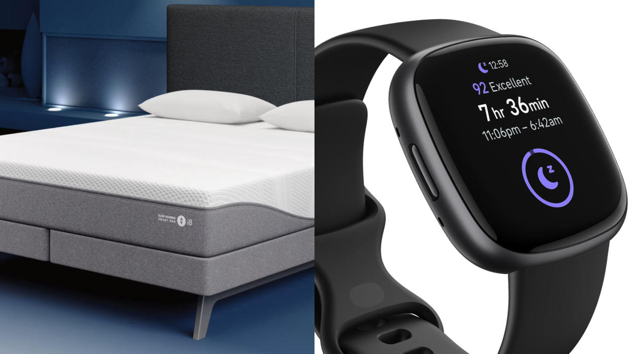  A Sleep Number i8 smart bed mattress in a room (left), a Fitbit Charge 6 sleep tracker wearable against a white background (right). 