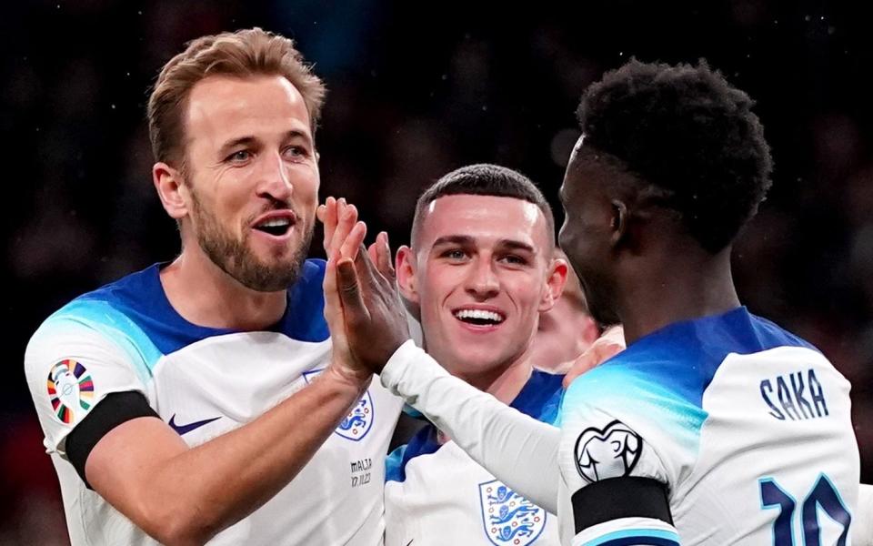 Harry Kane celebrates after scoring for England in Euro 2024 qualifying