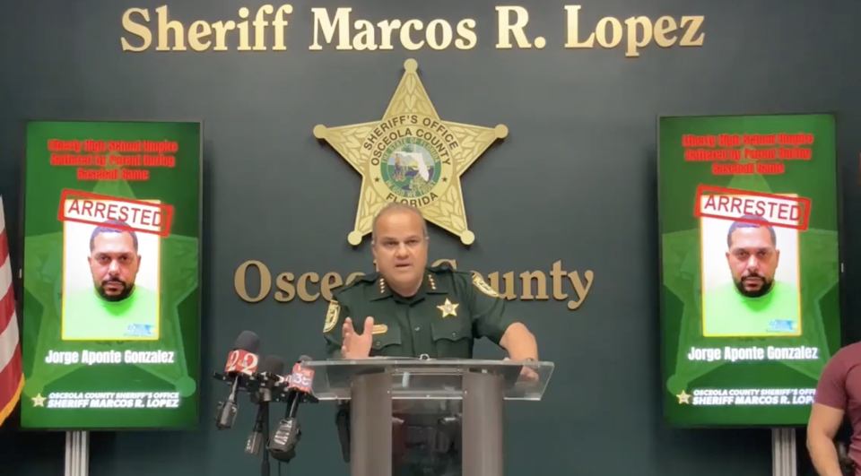 Osceola County Sheriff Marcos Lopez holds a news conference about a father arrested for punching an umpire at his son's baseball game in Florida.