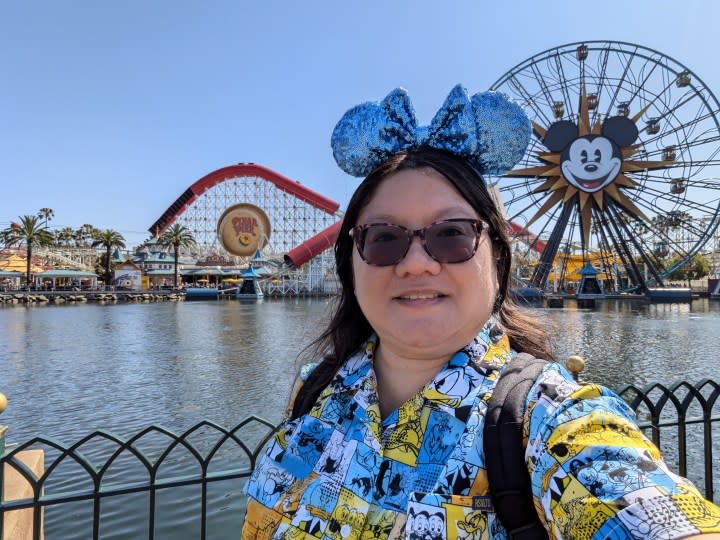 Selfie at DCA Pixar Pier taken with Google Pixel 8a.