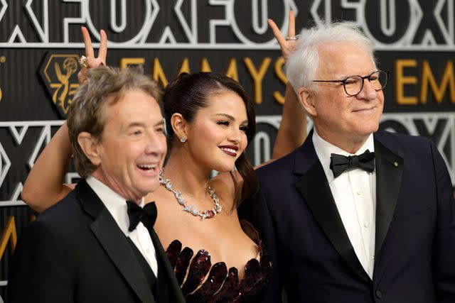 <p>Neilson Barnard/Getty</p> Martin Short, Selena Gomez and Steve Martin attend the 75th Primetime Emmy Awards
