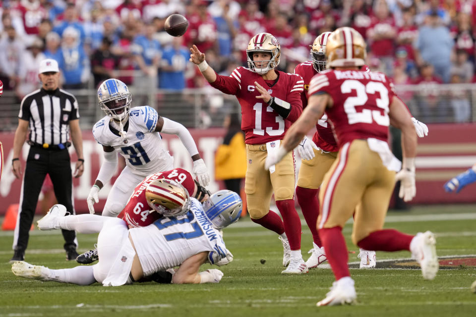 FILE - San Francisco 49ers quarterback Brock Purdy passes against the Detroit Lions during the first half of the NFC Championship NFL football game in Santa Clara, Calif., Sunday, Jan. 28, 2024. NFL officials said, Tuesday, Jan. 30, 2024, that viewers will only see three sports betting ads during the broadcast of the Super Bowl on Feb. 11. (AP Photo/Godofredo A. Vasquez, File)