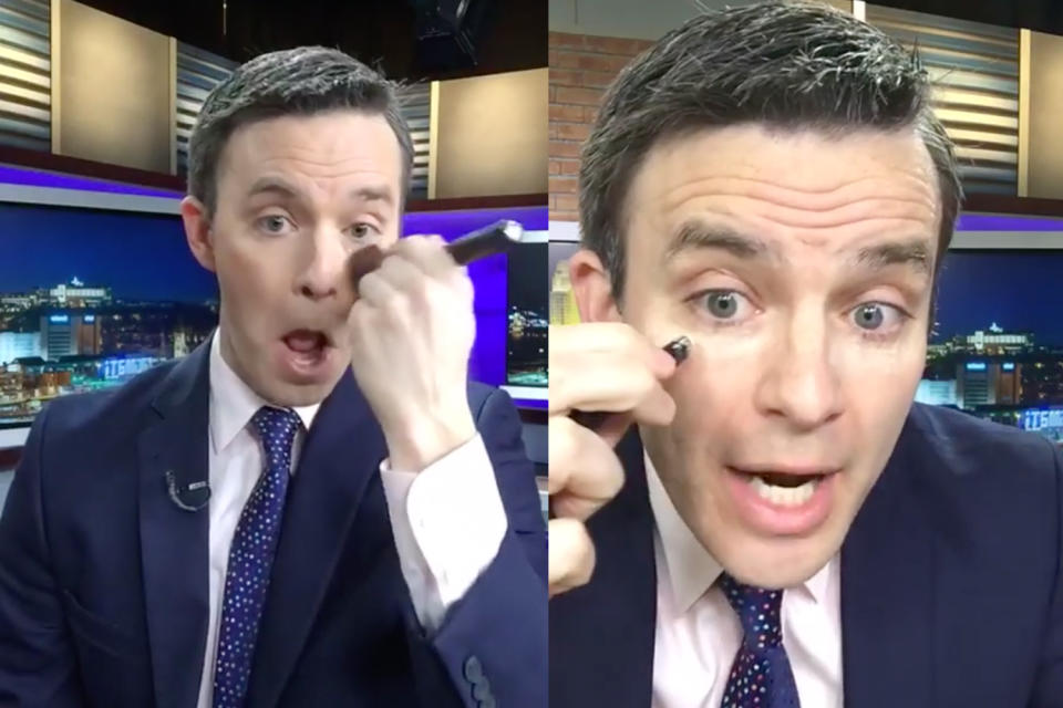 TV anchor Bob Herzog teaches his fans how to “violently blend” makeup like a boss. (Photo: Bob Herzog via Facebook)