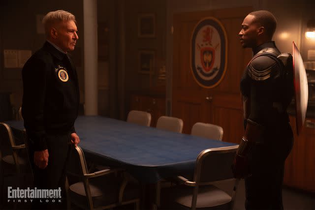 <p>Eli AdÃ©/Marvel Studios</p> Harrison Ford and Anthony Mackie in 'Captain America: Brave New World'