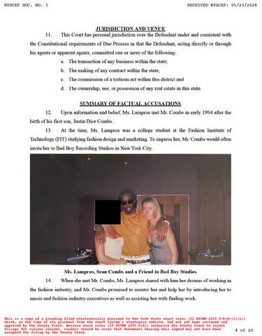 <p>Supreme Court of the State of New York County of New York</p> A page from the lawsuit April Lampos brought against Sean 'Diddy' Combs