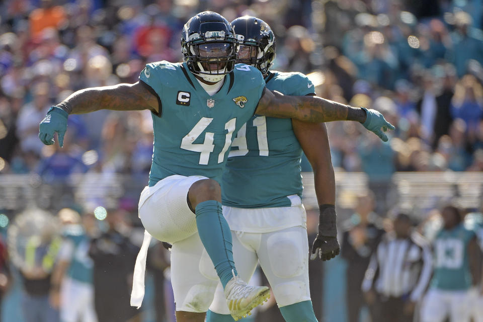 Jacksonville Jaguars linebacker Josh Allen (41) celebrates after sacking Buffalo Bills quarterback Josh Allen during the first half of an NFL football game, Sunday, Nov. 7, 2021, in Jacksonville, Fla. (AP Photo/Phelan M. Ebenhack)