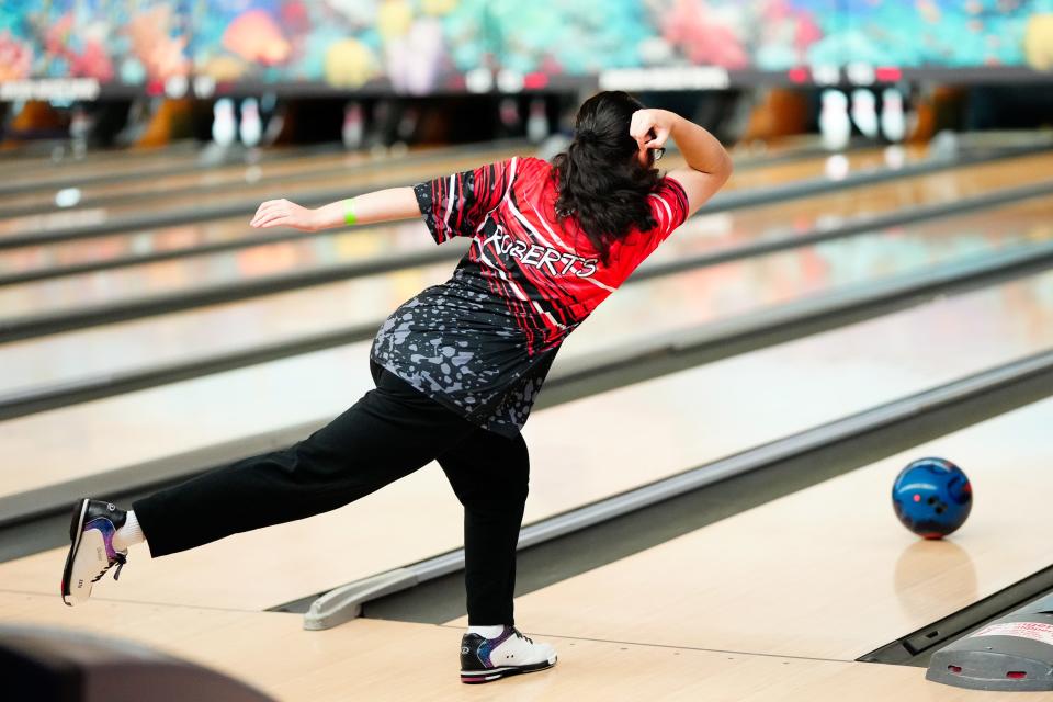 Port St. Lucie’s Nancy Roberts bowls in the District 12 girls' championship at Jensen Beach Bowl in Jensen Beach. Roberts bowled a 628 series and a high game of 255 to earn the top spot in the individual competition to advance to the state tournament.