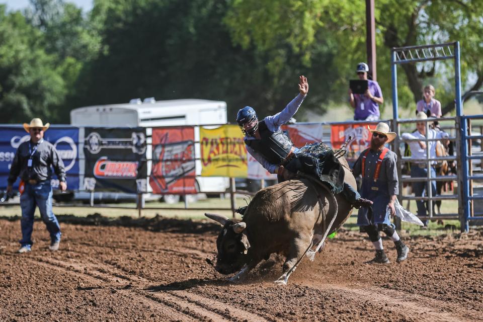 Cort McFadden, of Novice, Texas competes in bull riding Monday at the International Finals Youth Rodeo at the Heart of Oklahoma Exposition Center in Shawnee.