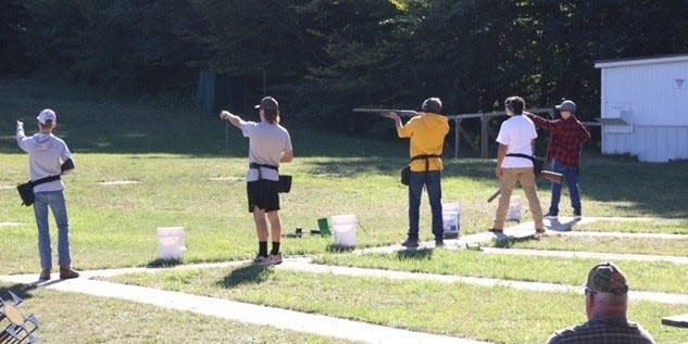 From left to right, Pellston's Jack Schmalzried, Garrett Cameron, Brach Taylor, Orrin Searles and Brayden LaPeer each compete during a clay target event from this past season.