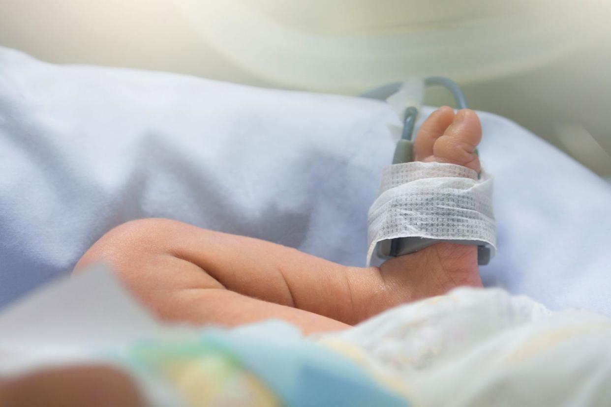 Newborn baby feet and leg with oxygen saturation monitor or pulse oximeter machine, lay in incubator for warming and treated at intensive care unit in a hospital after preterm birth