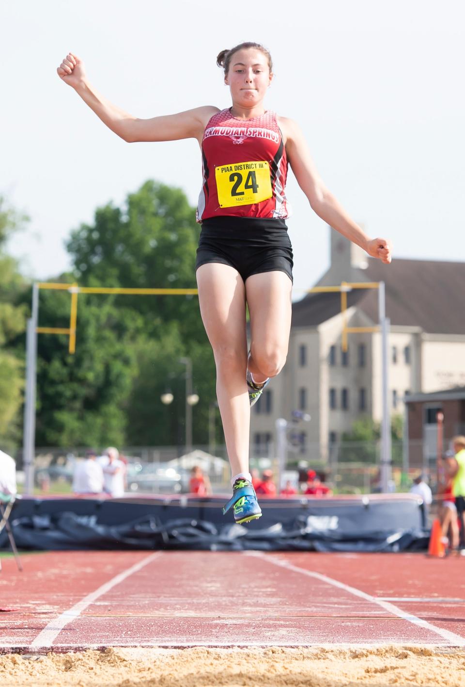 Bermudian Springs' Alison Watts competes in the 2A long jump at the PIAA District 3 Track and Field Championships on Friday, May 20, 2022, at Shippensburg University. Watts medaled in fourth place with a jump of 16-4.