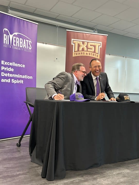 Austin Community College Chancellor Russell Lowery-Hart (left) and and Texas State President Kelly Damphousse (right) make the "Bats to Cats" transfer program official on April 18. (ACC Photo)