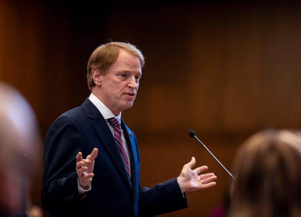 Senate Minority Leader Tim Knopp, R-Bend, speaks about House Bill 4002 on March 1 at the Oregon State Capitol in Salem.