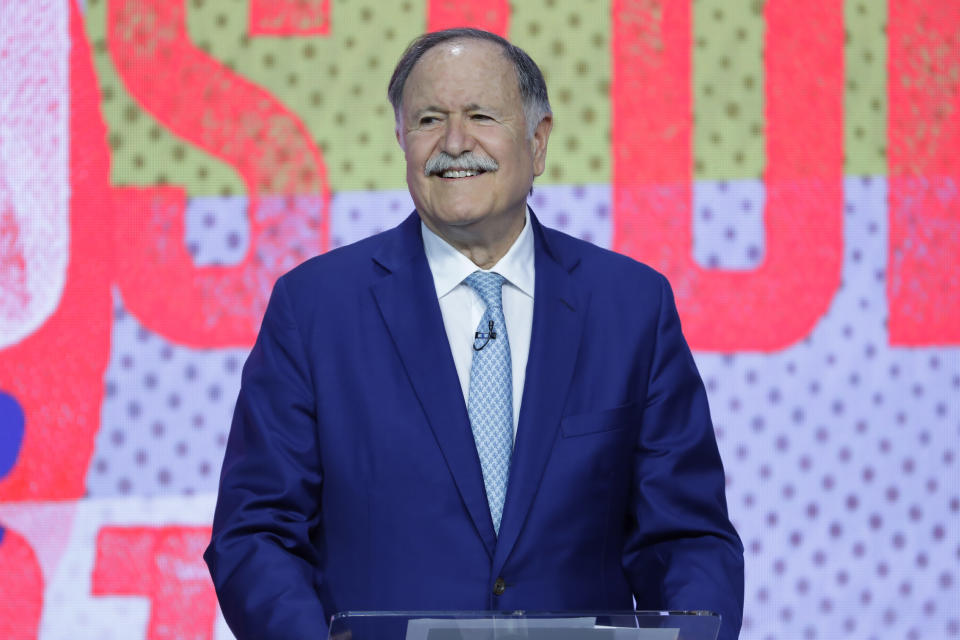 Houston mayoral candidate Lee Kaplan smiles as he is introduced during a televised candidates debate held at the Houston Public Media studios Thursday, Oct. 19, 2023, in Houston. (AP Photo/Michael Wyke)