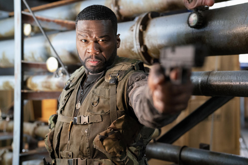 This image released by Lionsgate shows Curtis Jackson in a scene from "The Expend4bles." (Lionsgate via AP)