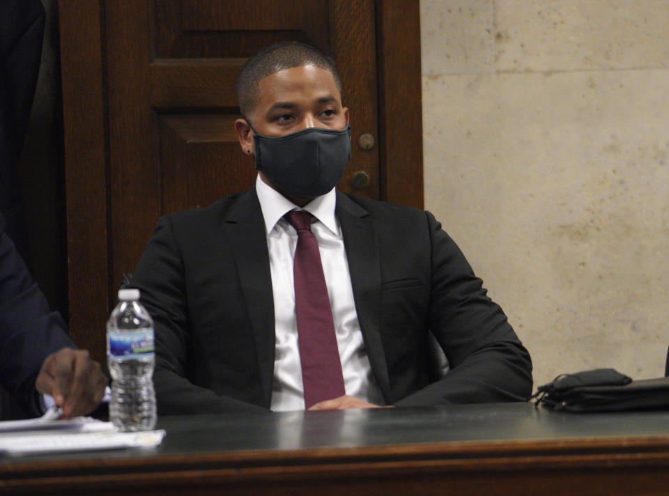 Actor Jussie Smollett appears at his sentencing hearing Thursday, March 10, 2022 at the Leighton Criminal Court Building in Chicago.  Smollett is back in court to learn if a judge will order him locked up for his conviction of lying to police about a racist and homophobic attack that he orchestrated or allow him to remain free. (Brian Cassella/Chicago Tribune via AP, Pool)