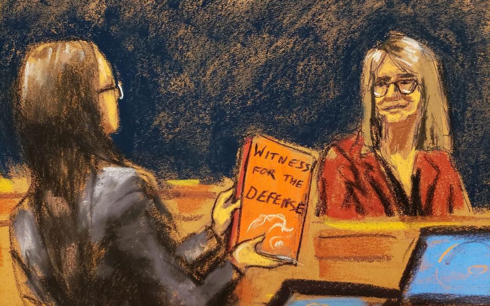 Prosecutor Lara Pomerantz questions psychologist Elizabeth Loftus during the trial of Ghislaine Maxwell, the Jeffrey Epstein associate accused of sex trafficking, in a courtroom sketch in New York City, U.S., December 16, 2021. REUTERS/Jane Rosenberg - Jane Rosenberg/Reuters