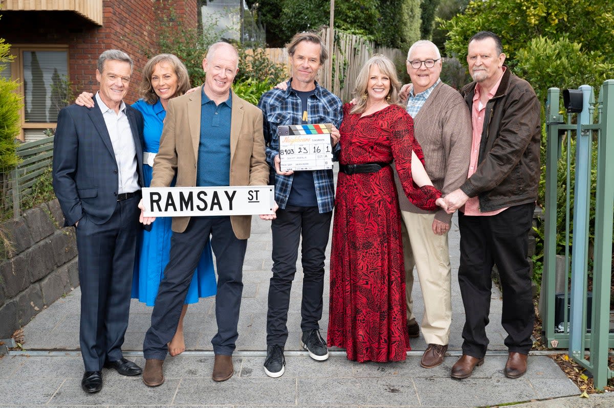 Neighbours alumni Stefan Dennis, Annie Jones, Geoff Paine, Guy Pearce, Lucinda Cowden, Ian Smith and Paul Keane (Fremantle/Channel 5/PA) (PA)