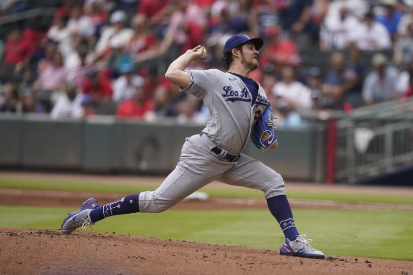 Los Angeles Dodgers starting pitcher Trevor Bauer (27) delivers against the Atlanta Braves.