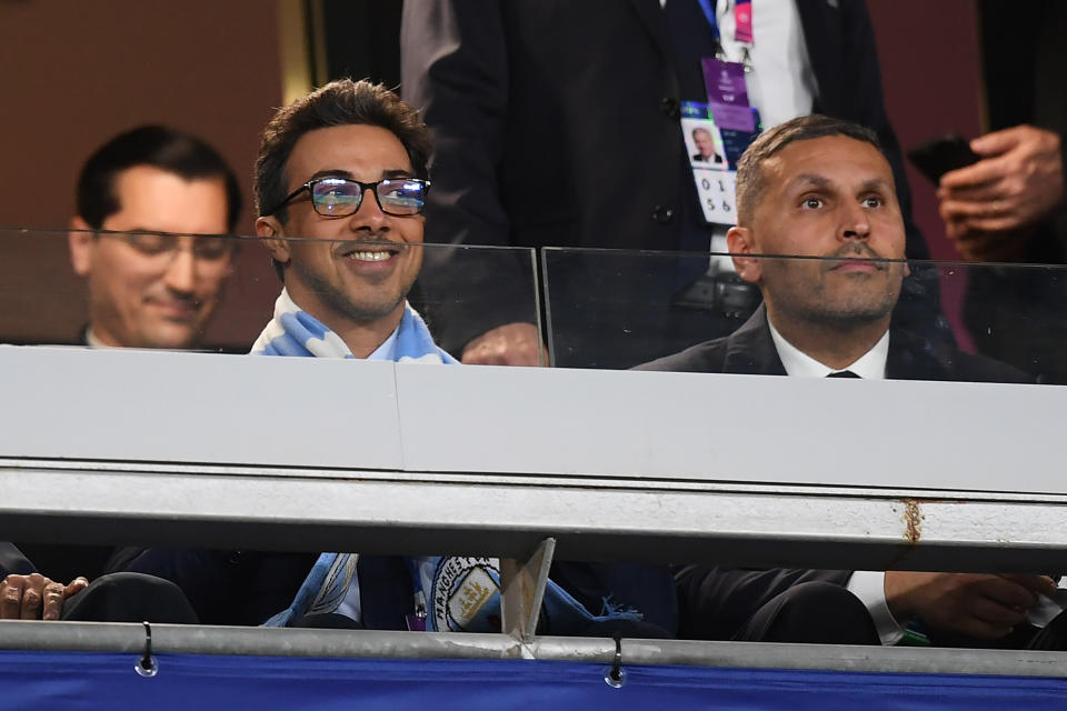 Manchester City owner Sheikh Mansour (left) and chairman Khaldoon Al Mubarak look on prior to the UEFA Champions League final.