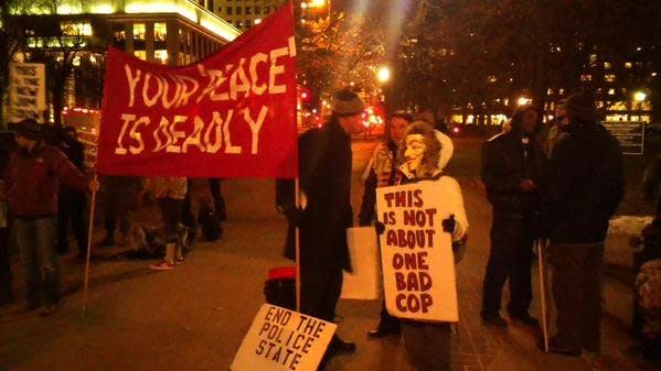 In this photo from Twitter user norsecodedusty, people protest in Denver on Mon. Nov, 24, 2014. 