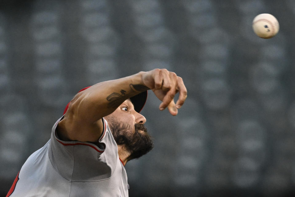 Los Angeles Angels pitcher Hans Crouse (52) throws a pitch against the Oakland Athletics during the fifth inning of a baseball game Tuesday, July 2, 2024, in Oakland, Calif. (AP Photo/Eakin Howard)