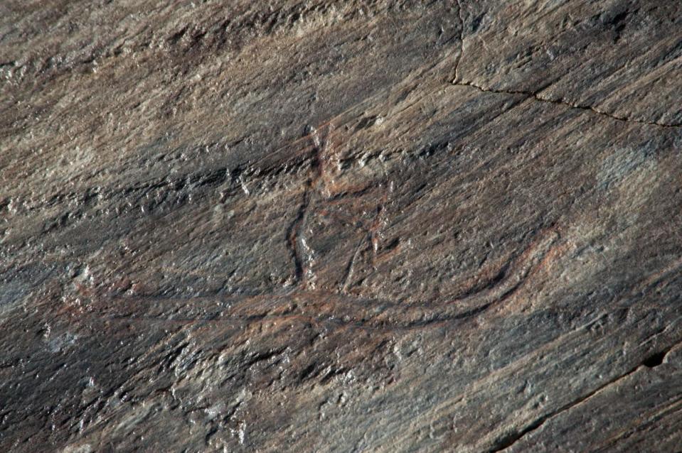 The ancient carving - a faint outline thought to depict a skier - in Nordland County Norway. <p>Photo: Eva S. Walderhaug</p>
