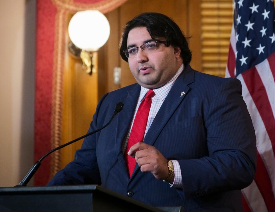 Ohio Sen. Niraj Antani (R-Miamisburg) speaks before Ohio Gov. Mike DeWine, not pictured, signs an executive order permitting college student-athletes to profit off their name, image and likeness during a ceremonial signing on Monday, June 28, 2021 at the Ohio Statehouse in Columbus, Ohio.