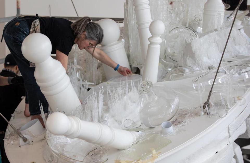 Beth Lipman’s “Living History” sculpture as it was being installed at the Wichita Art Museum last year. Travis Heying/File photo