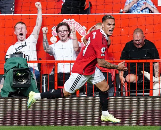 Antony celebrates his goal against Arsenal