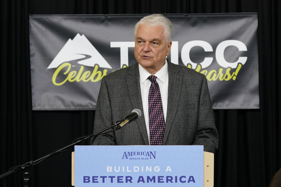 FILE - Nevada Gov. Steve Sisolak, speaks during a visit to Truckee Meadows Community College in Reno, Nev., Wednesday, March 9, 2022. The head of Nevada's Department of Corrections has resigned at the request of Sisolak in the wake of an escape by a convicted bombmaker that went unreported for four days. The governor's office said Friday, Sept. 30, 2022, that Sisolak "requested and received Nevada Department of Corrections Director Charles Daniels' resignation, effective immediately." (AP Photo/Rich Pedroncelli,File)