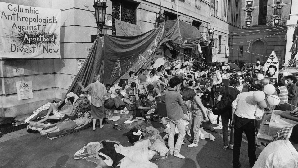 An anti-apartheid protest by students at the entrance to the Hamilton Hall building of Columbia University, New York City, 4th April 1984. - Barbara Alper/Getty Images