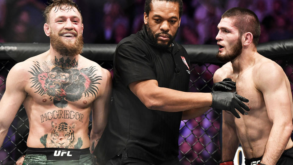 Conor McGregor and Khabib Nurmagomedov, pictured here at UFC 229 in 2018.