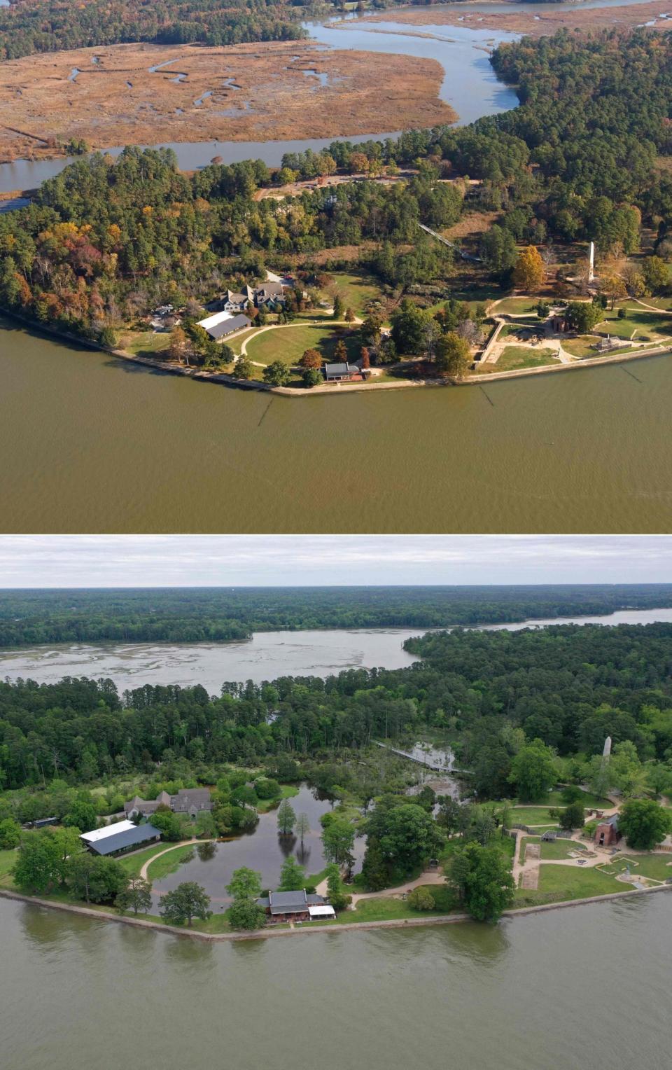 Split image of a dry Jamestown and a submerged Jamestown - HANDOUT/Jamestown Rediscovery Foundation/AFP