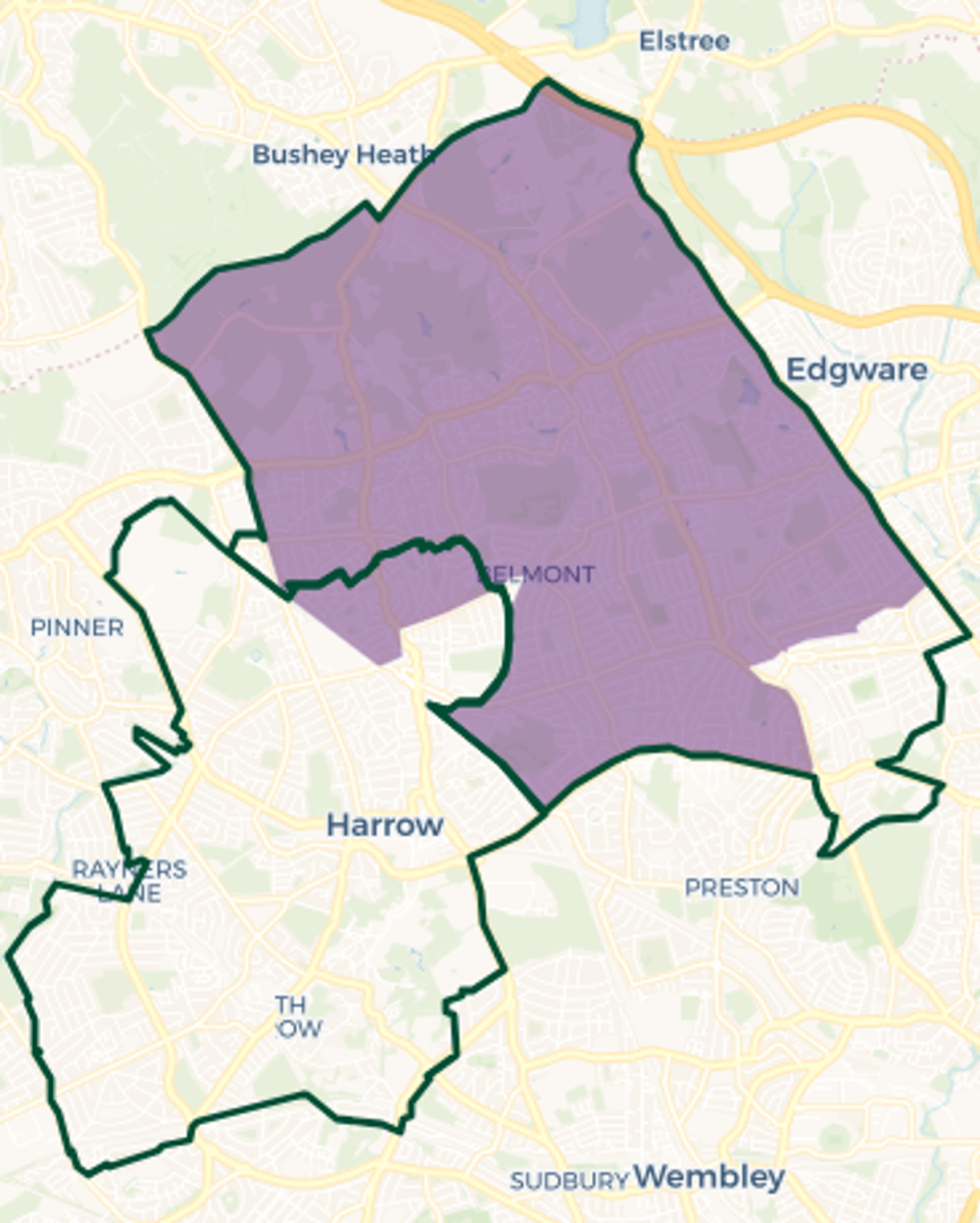 Harrow East constituency map: Purple shaded area old constituency boundary. Green outlines new constituency boundaries (© OpenStreetMap contributors | © CARTO)