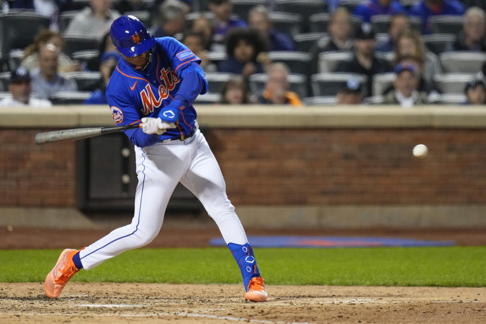 New York Mets' Mark Vientos hits a two run home run during the seventh inning of a baseball game against the Tampa Bay Rays Wednesday, May 17, 2023, in New York. (AP Photo/Frank Franklin II)