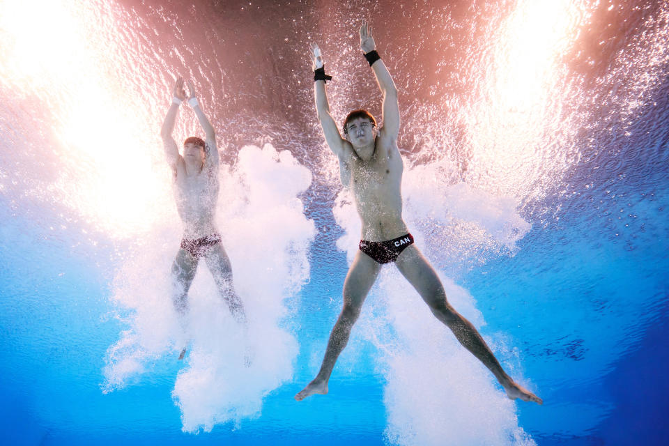 Rylan Wiens and Nathan Zsombor-Murray of Team Canada after a dive in the men’s synchronized 10m platform final at the Paris Olympics. (Quinn Rooney/Getty Images)