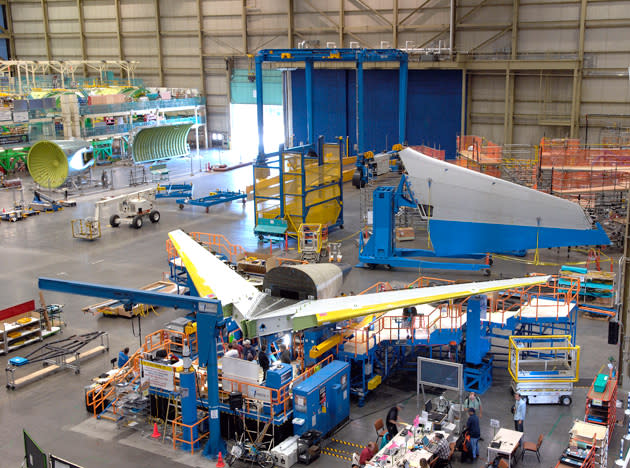 Horizontal stabilizers attached to the tail-cone, with the vertical fin in the background. Both these assemblies are now complete. Final assembly began in May.