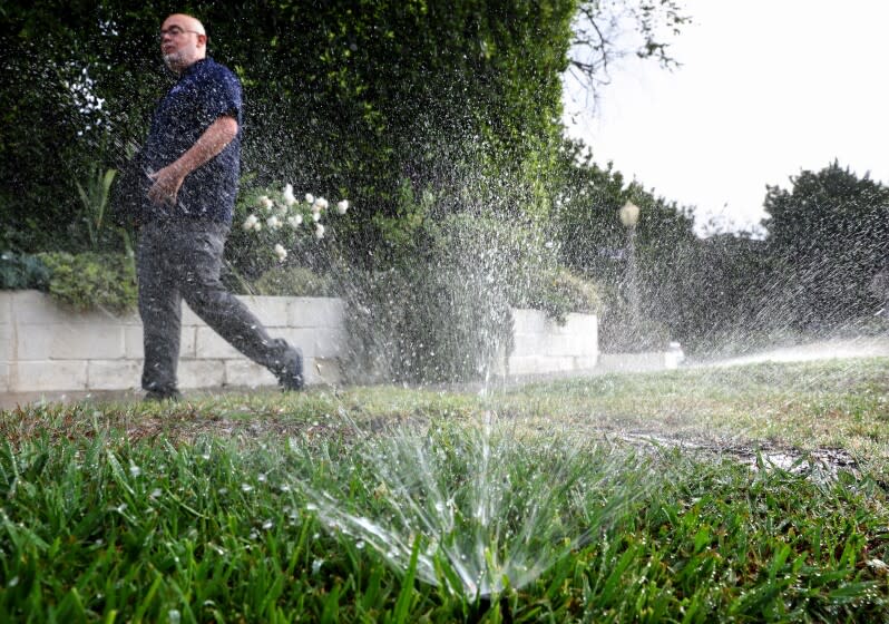 LADWP water conservation specialist Damon Ayala inspecting a sprinkler system in Los Angeles