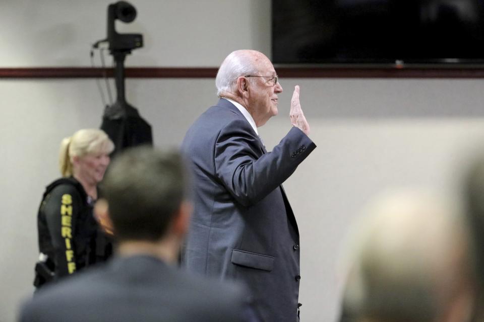 Former Tampa police captain Curtis Reeves is sworn in before giving testimony in his defense during his second-degree murder trial on Thursday, Feb 24, 2022, at the Robert D. Sumner Judicial Center in Dade City, Fla. Reeves is accused of shooting and killing Chad Oulson at a Wesley Chapel movie theater in January 2014. (Douglas R. Clifford/Tampa Bay Times via AP, Pool)