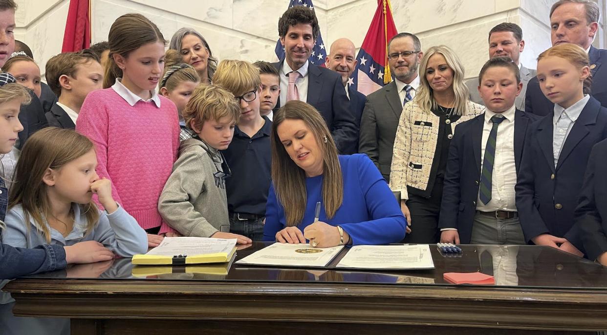 Arkansas Gov. Sarah Huckabee Sanders signed a law in 2023 that lets children under 16 work without official permission from their parents. <a href="https://newsroom.ap.org/detail/Child%20Labor%20State%20Laws/94b480d8d5154f86bbe79e135835f989?Query=sarah%20huckabee%20sanders&mediaType=photo,video,graphic,audio&sortBy=arrivaldatetime:desc&dateRange=Anytime&totalCount=1172&currentItemNo=2" rel="nofollow noopener" target="_blank" data-ylk="slk:AP Photo/Andrew DeMillo;elm:context_link;itc:0;sec:content-canvas" class="link ">AP Photo/Andrew DeMillo</a>