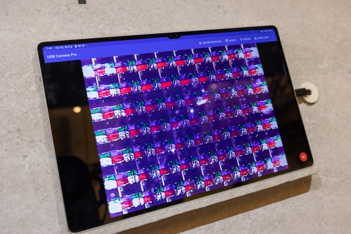 Transparent OLED pixels seen under a microscope.